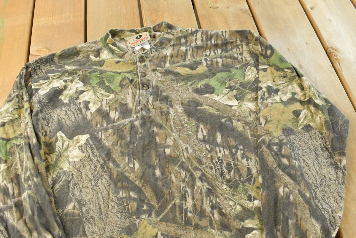 Vintage 1990s Mossy Oak Breakup Camo Collared Long Sleeve T-Shirt Men's L from propervintagecanada
