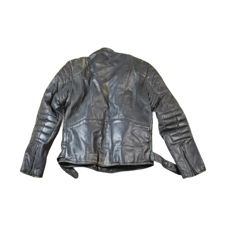 Vintage 1990s Motorcycle Leather Heavy Padded Biker Jacket Made In USA from propervintagecanada