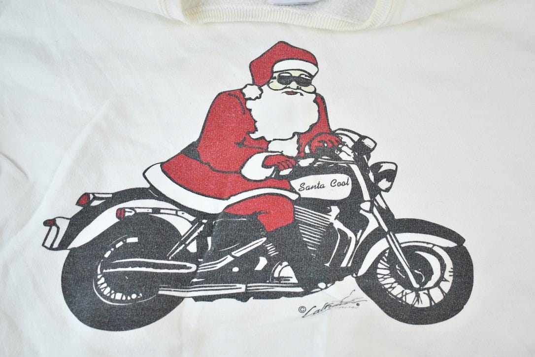 Vintage 1990s Motorcycle Santa Crewneck Sweatshirt Men's Large from propervintagecanada