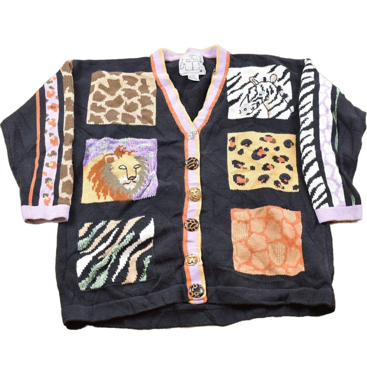 Vintage 1990s Multi Animal Print Cardigan Sweater Men's XL from propervintagecanada