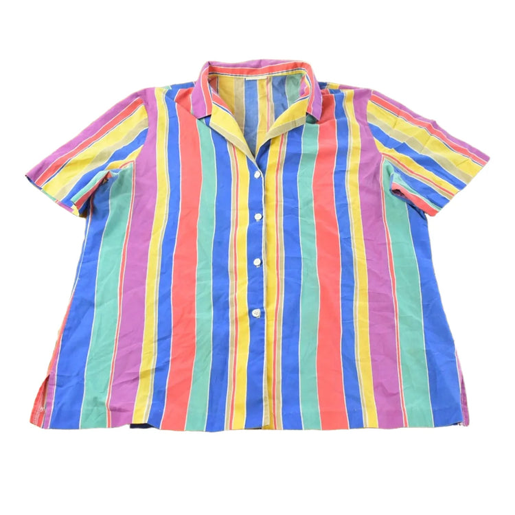 Vintage 1990s Multicolored Striped Short Sleeved Button Up Shirt Women's XL from propervintagecanada
