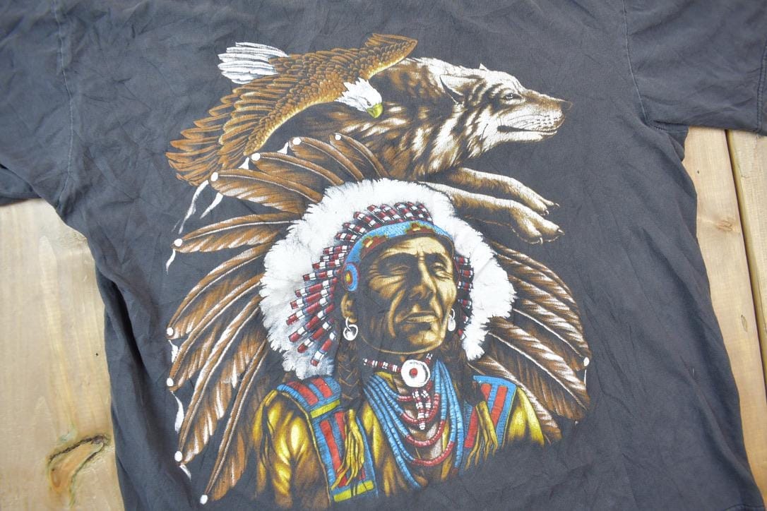 Vintage 1990s Native American Graphic T Shirt Men's Medium from propervintagecanada