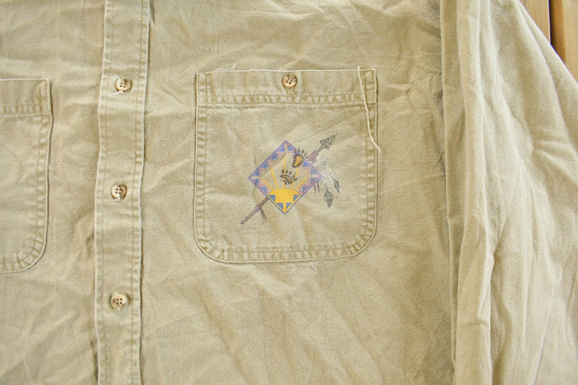 Vintage 1990s Native Art Graphic Western Style Button Up Shirt Men's 2XL from propervintagecanada