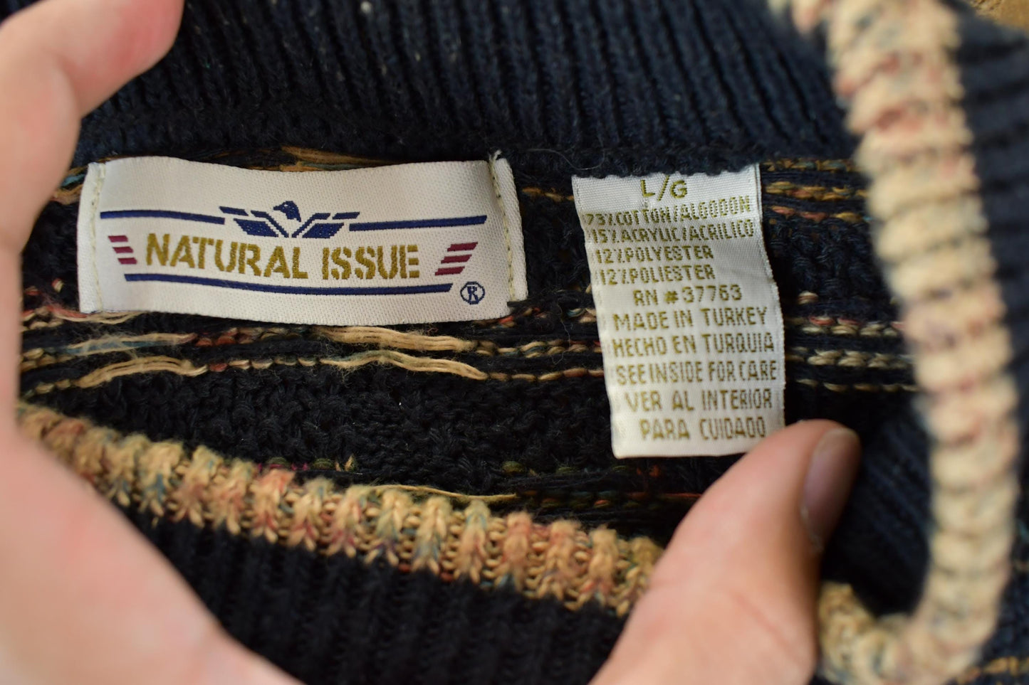 Vintage 1990s Natural Issue Abstract Pattern Knit Crewneck Sweater Men's Large from propervintagecanada