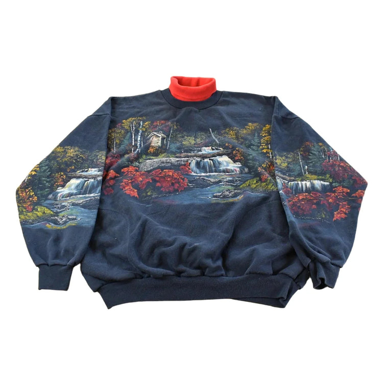 Vintage 1990s Nature Waterfall Graphic Turtleneck Sweatshirt Men's XL from propervintagecanada