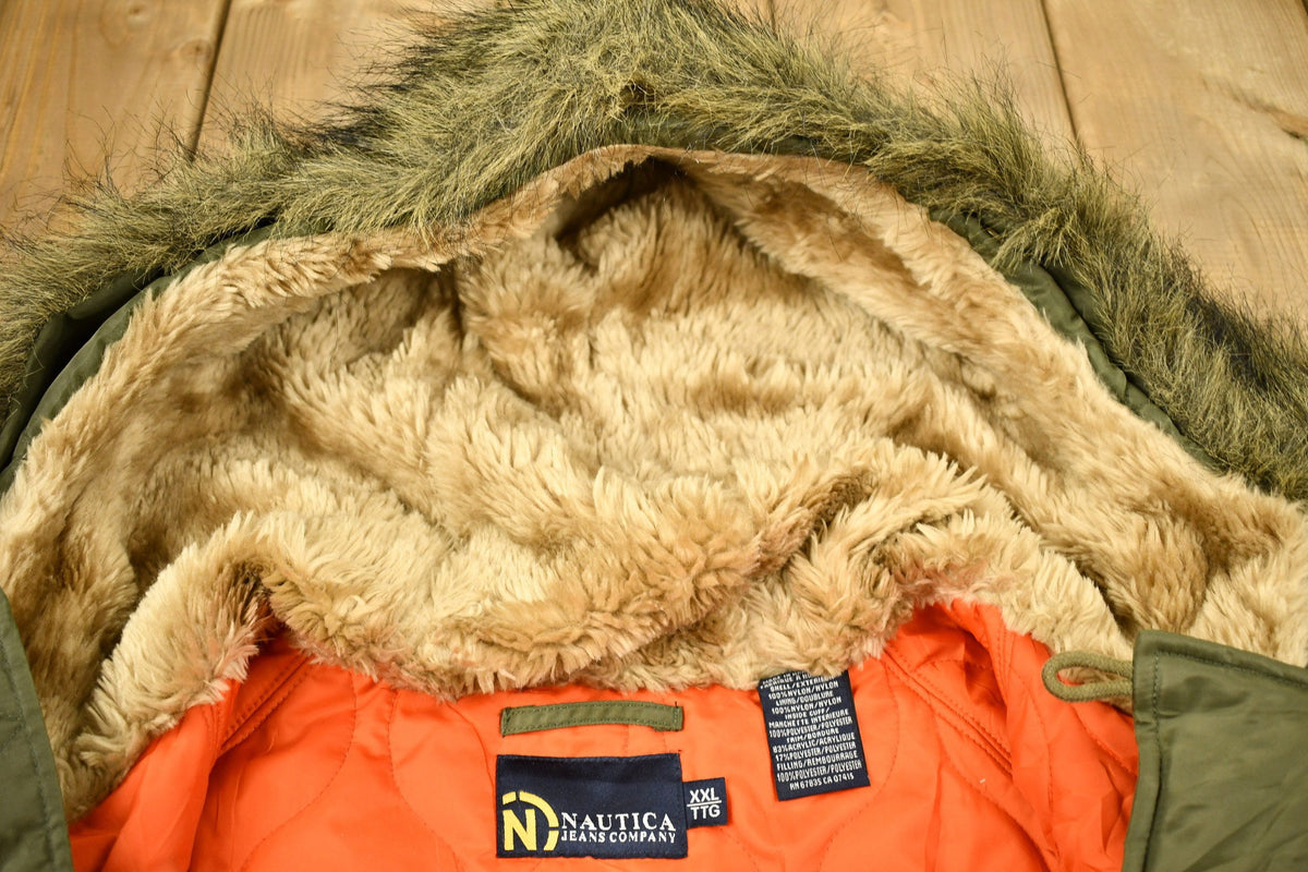 Vintage 1990s Nautica Jeans Co Fur Hood Winter Parka Jacket from propervintagecanada