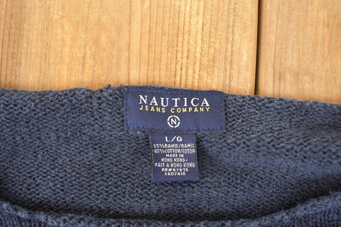 Vintage 1990s Nautica Jeans Company Screen Print Knit Crewneck Sweater Women's L from propervintagecanada