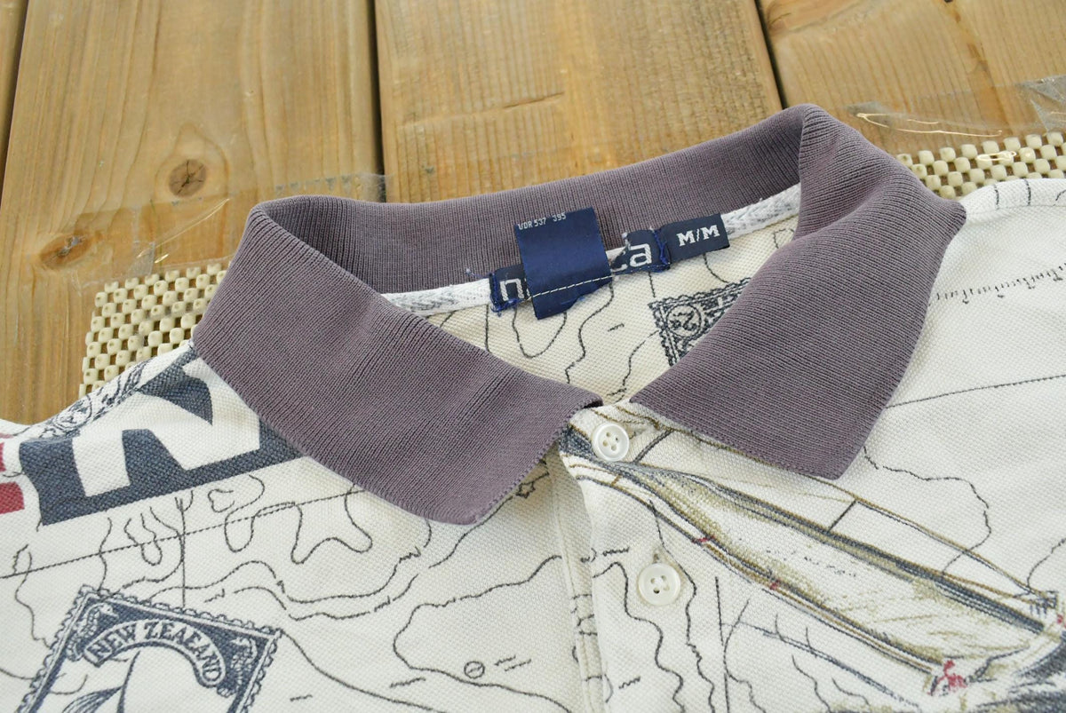 Vintage 1990s Nautica Map Print Polo Shirt Men's M from propervintagecanada