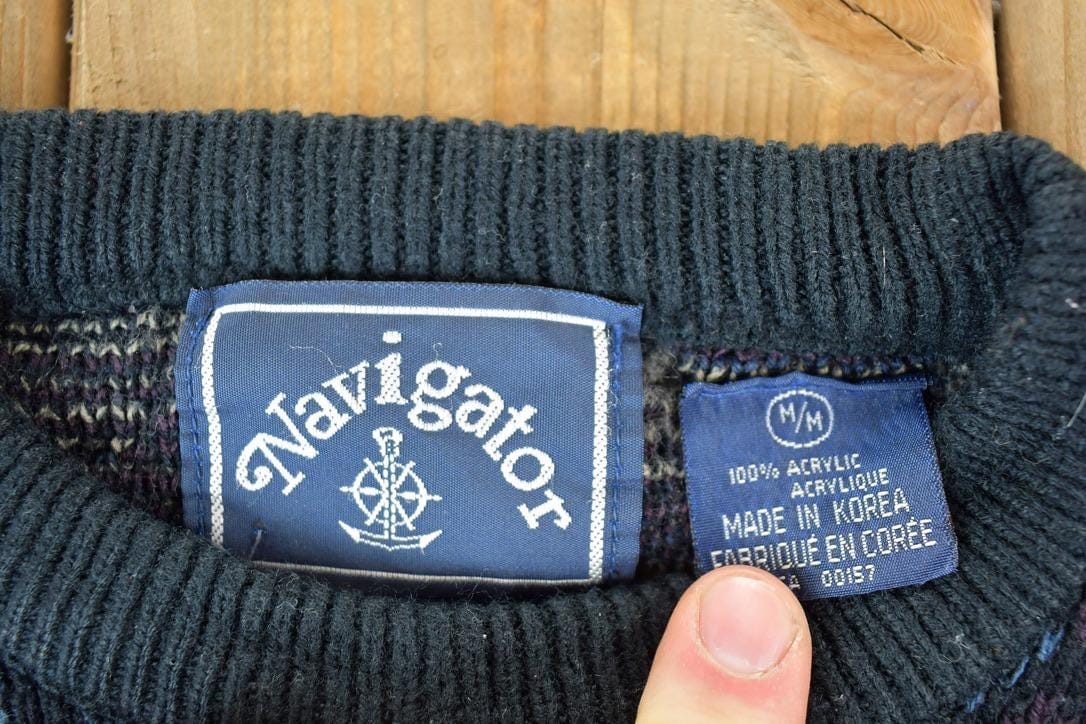Vintage 1990s Navigator Knit Abstract Pattern Crewneck Sweater Made In 90s Crewneck Men's Medium from propervintagecanada