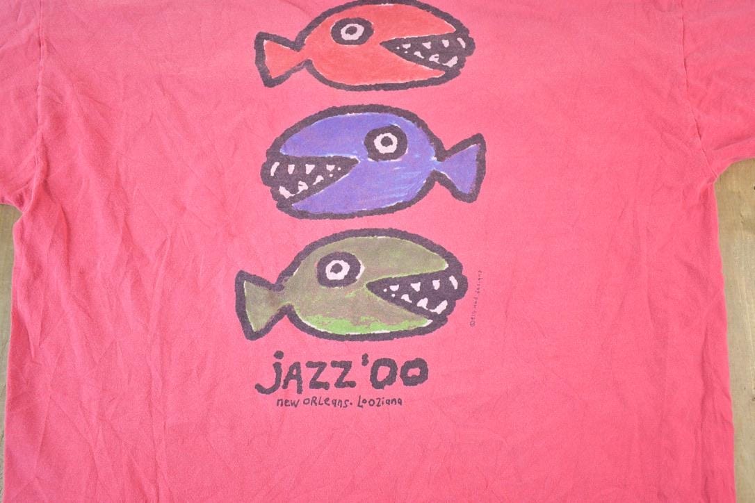 Vintage 1990s New Orleans Fish Jazz Souvenir Single Stitch Graphic Print T-Shirt Men's Large from propervintagecanada