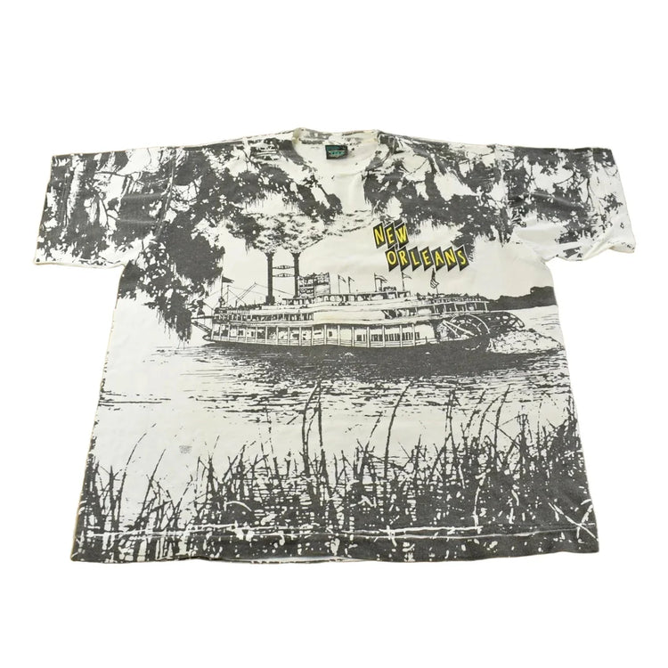 Vintage 1990s New Orleans Mississippi River Boat All Over Print T-Shirt Men's L from propervintagecanada