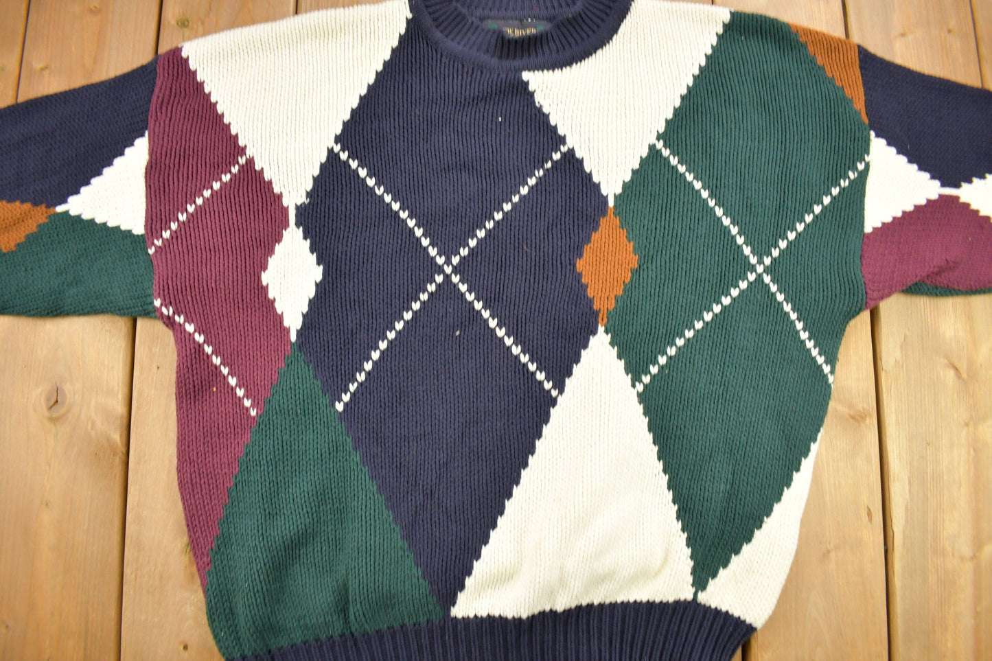 Vintage 1990s New River Argyle Knitted Crewneck Sweater Men's XL from propervintagecanada