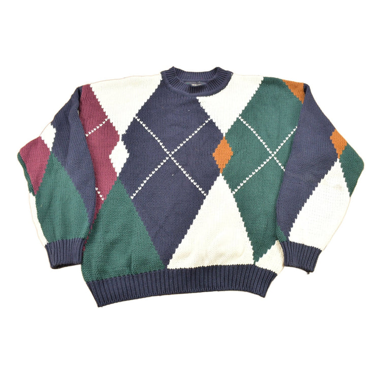 Vintage 1990s New River Argyle Knitted Crewneck Sweater Men's XL from propervintagecanada
