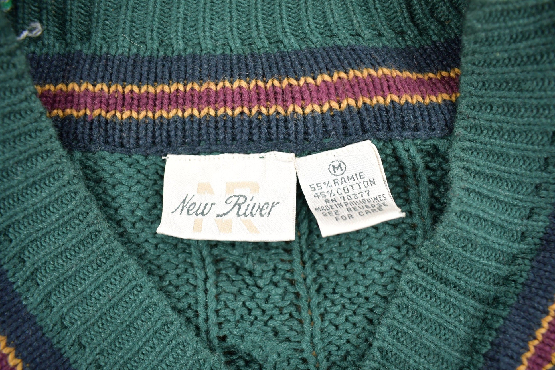 Vintage 1990s New River Knitted V-Neck Colligate Sweater Men's Medium from propervintagecanada