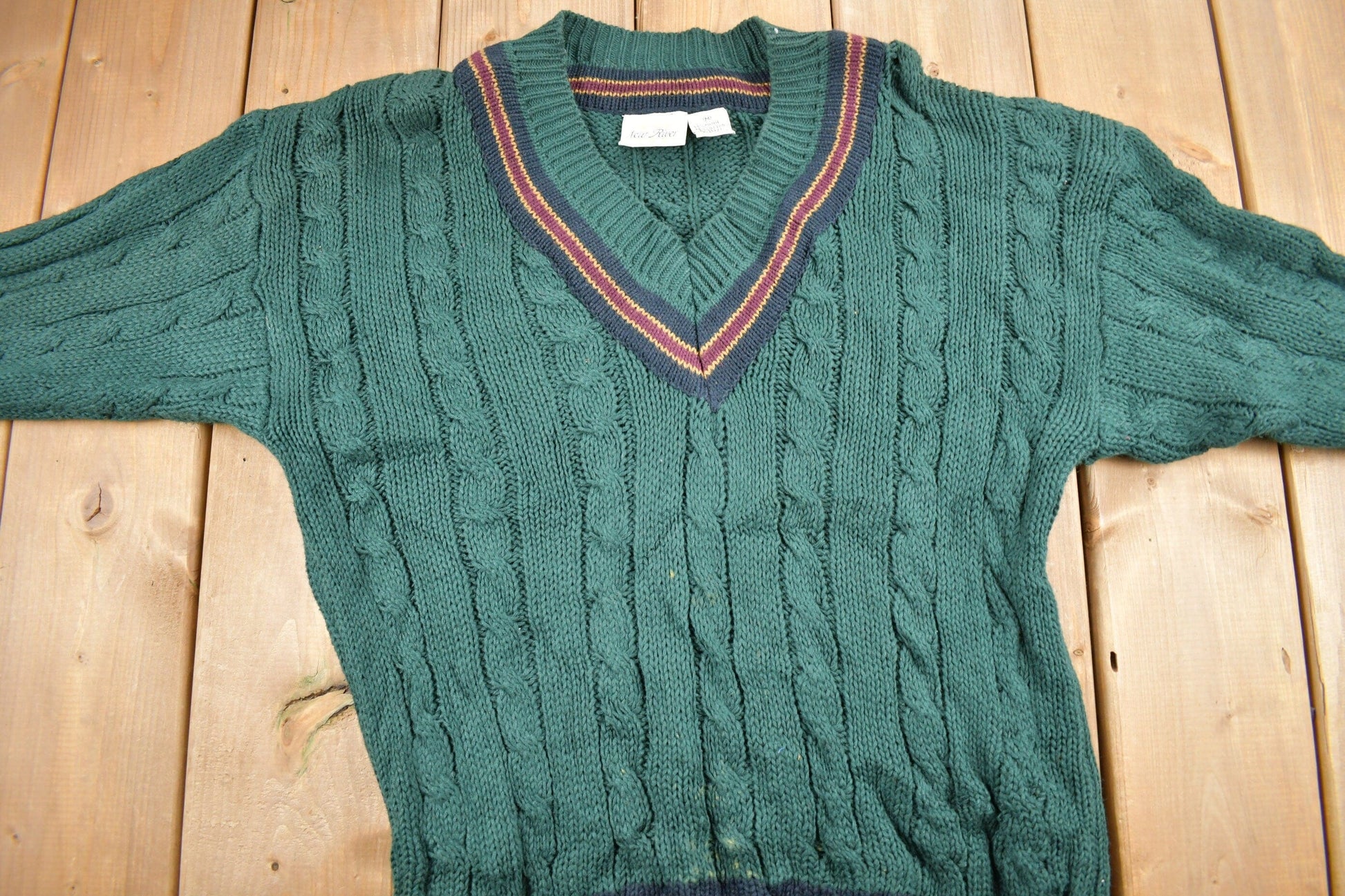 Vintage 1990s New River Knitted V-Neck Colligate Sweater Men's Medium from propervintagecanada