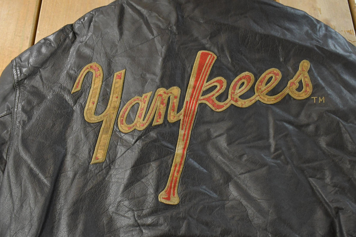 Vintage 1990s New York Yankees MLB Mirage Embroidered Letterman Leather Jacket Sweatshirt Men's Large from propervintagecanada