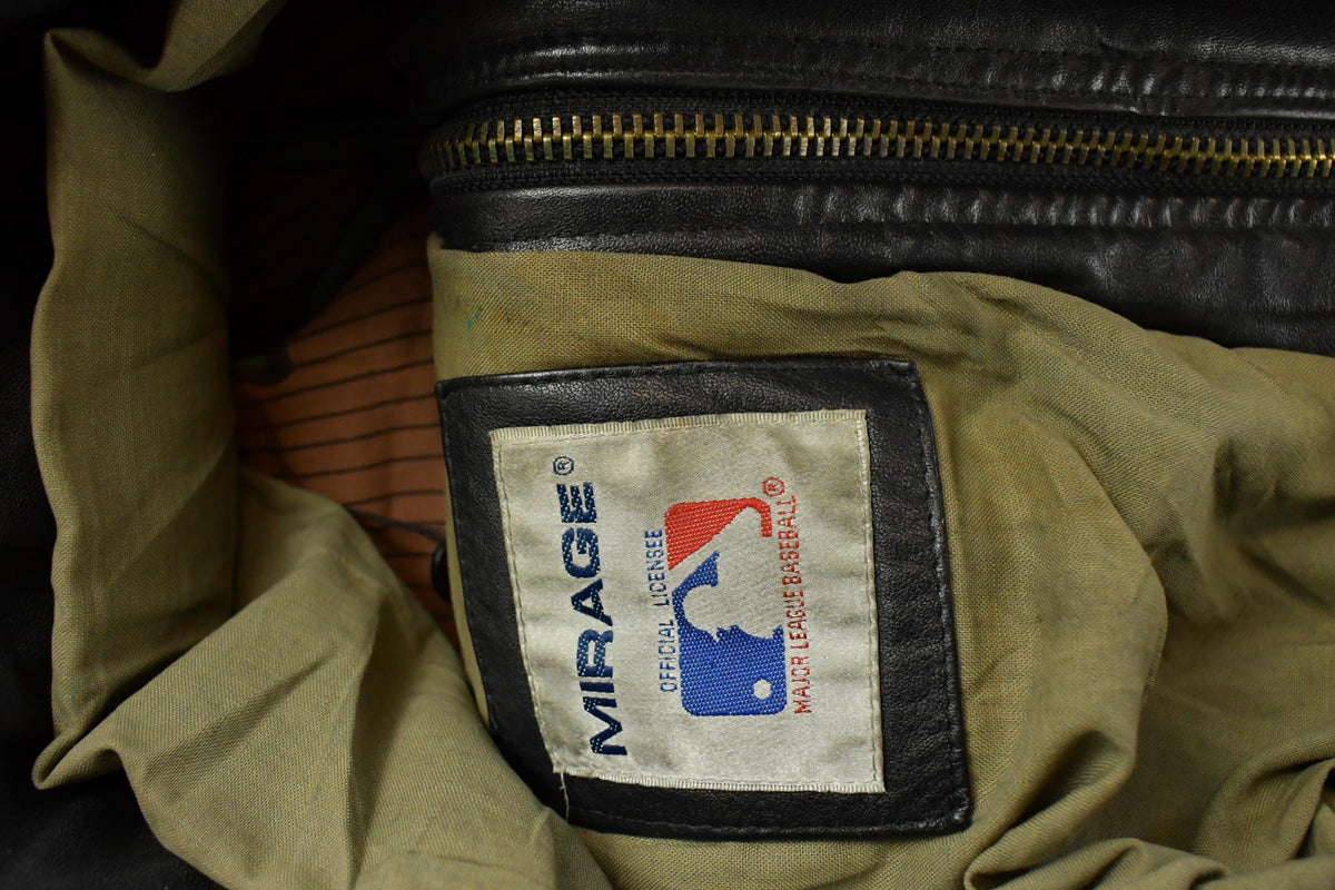 Vintage 1990s New York Yankees MLB Mirage Embroidered Letterman Leather Jacket Sweatshirt Men's Large from propervintagecanada