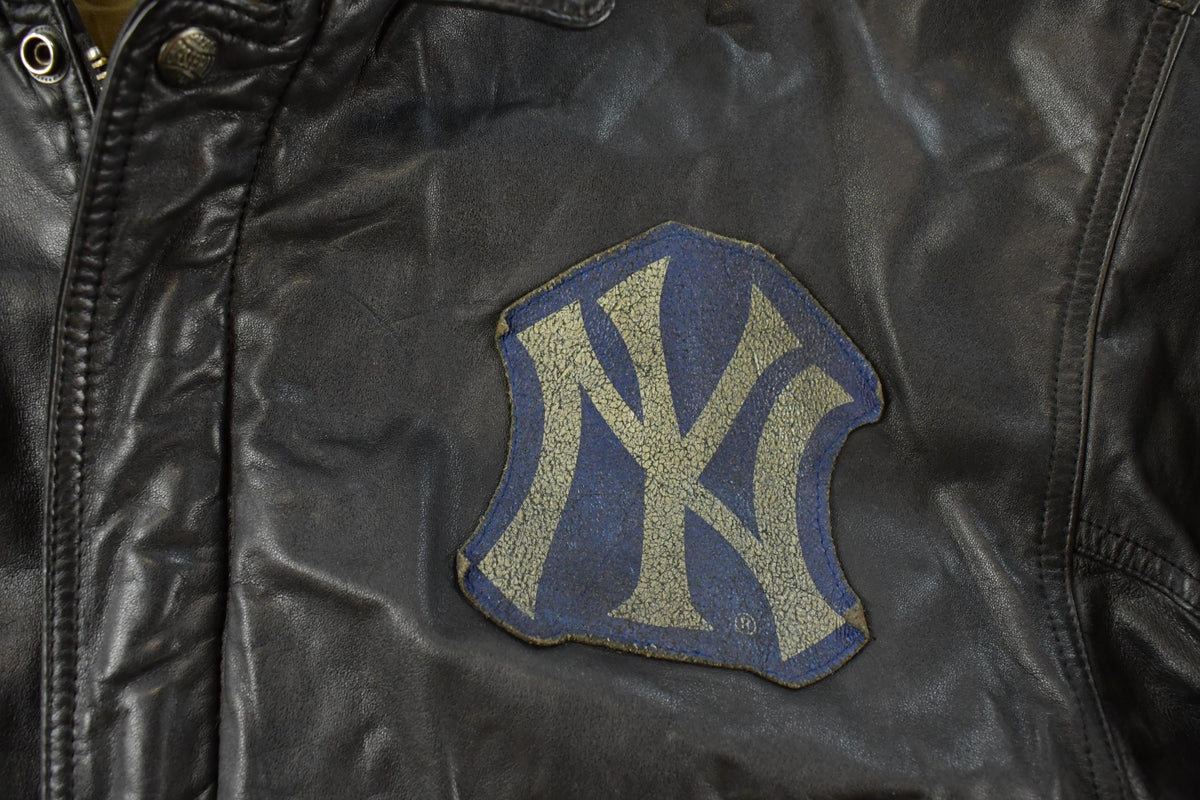 Vintage 1990s New York Yankees MLB Mirage Embroidered Letterman Leather Jacket Sweatshirt Men's Large from propervintagecanada
