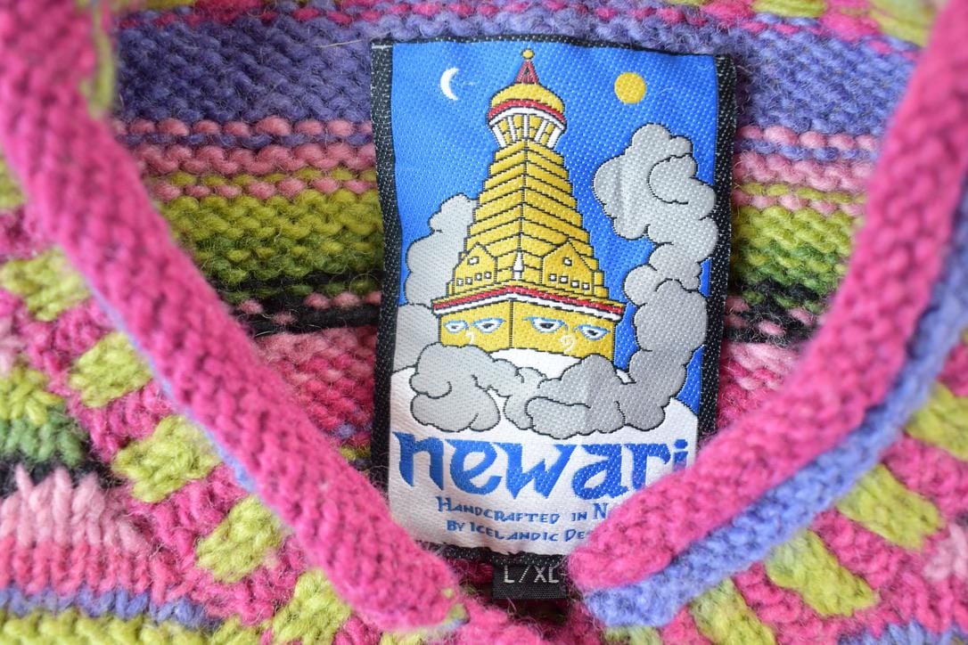 Vintage 1990s Newari Knit Abstract Pattern Crewneck Sweater Men's XL from propervintagecanada