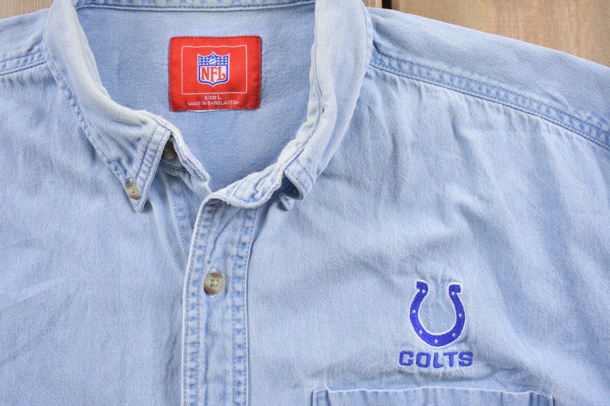 Vintage 1990s NFL Indianapolis Colts Denim Button Up Shirt Men's XL from propervintagecanada