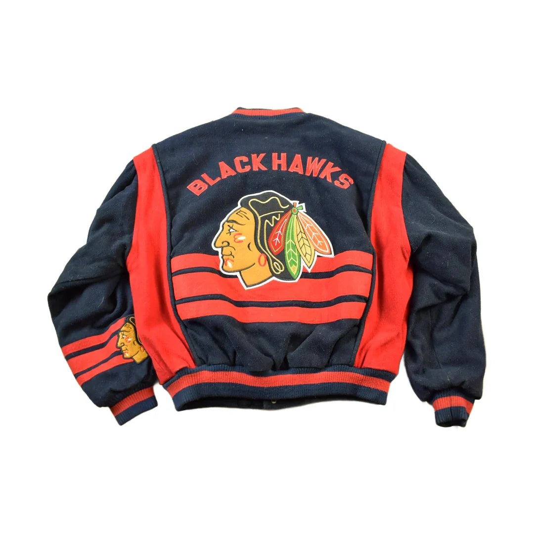 Vintage 1990s NHL Chicago Black Hawks Wool Letterman Jacket Men's Medium from propervintagecanada