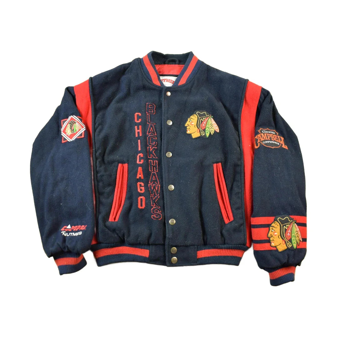 Vintage 1990s NHL Chicago Black Hawks Wool Letterman Jacket Men's Medium from propervintagecanada