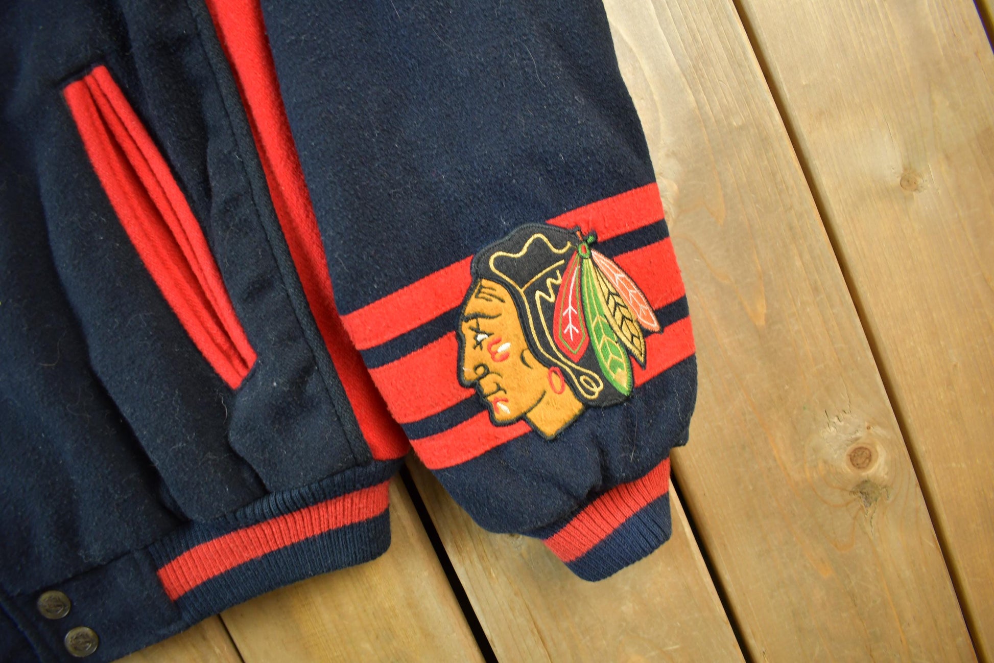Vintage 1990s NHL Chicago Black Hawks Wool Letterman Jacket Men's Medium from propervintagecanada