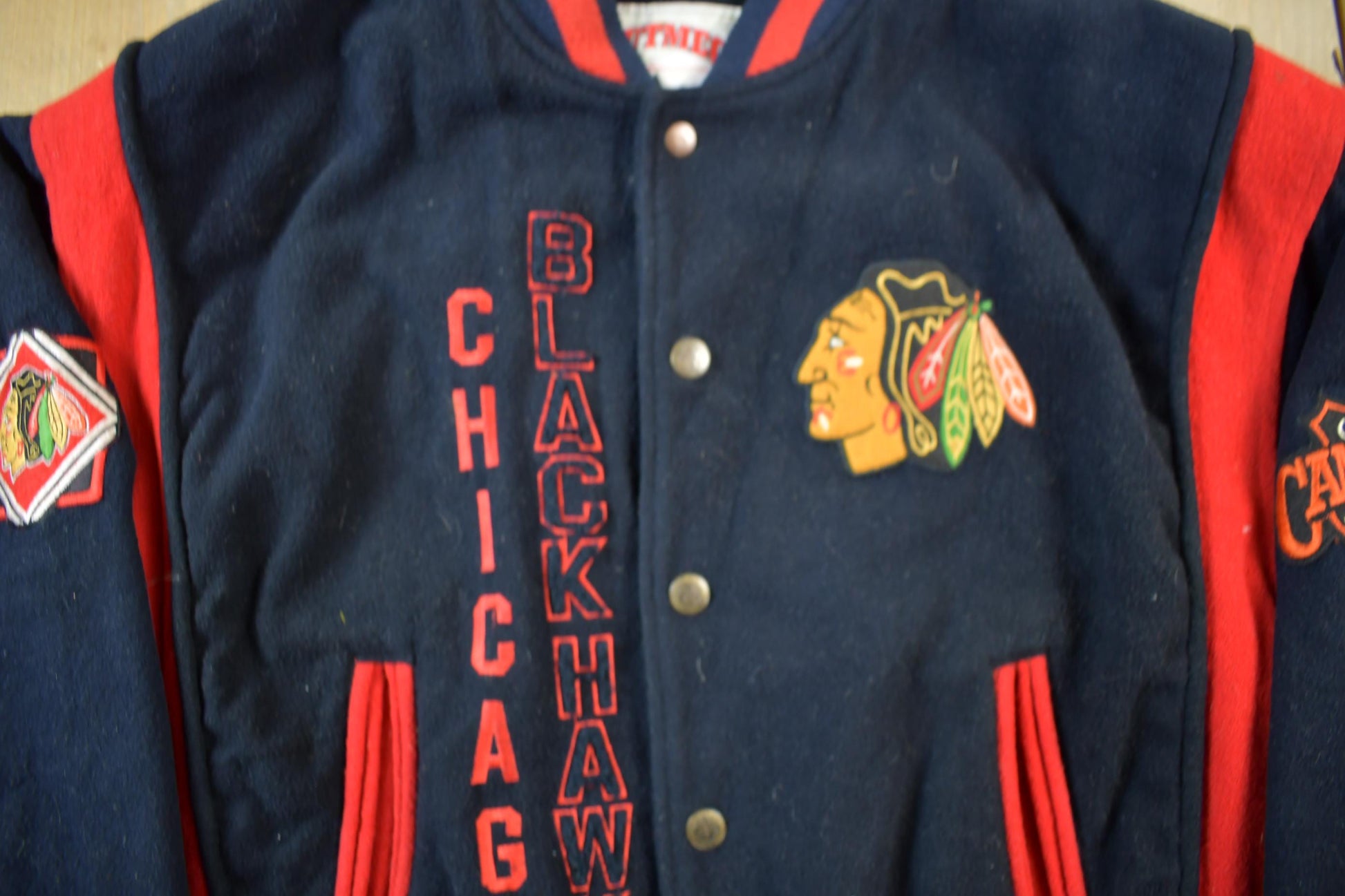 Vintage 1990s NHL Chicago Black Hawks Wool Letterman Jacket Men's Medium from propervintagecanada