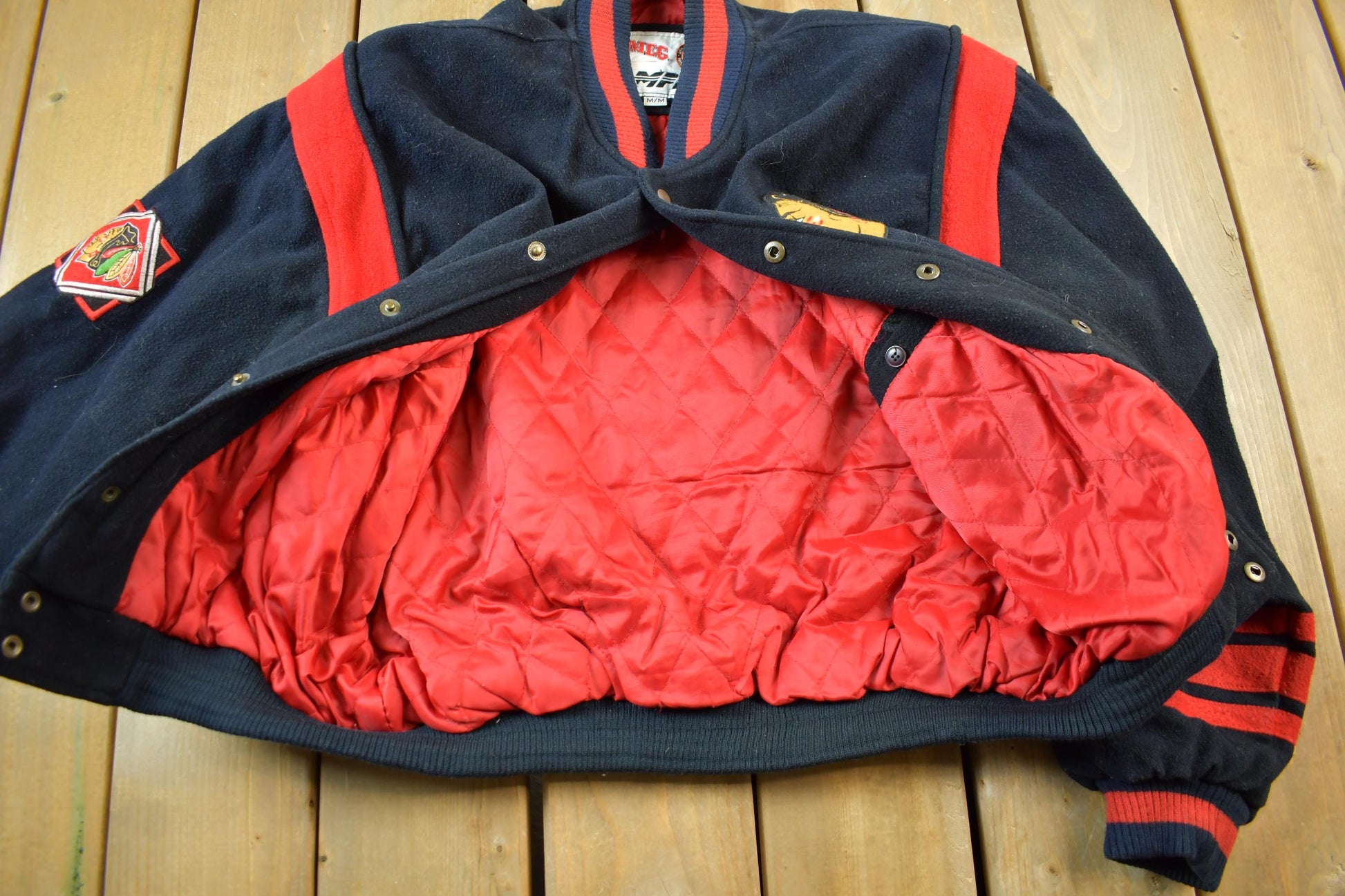 Vintage 1990s NHL Chicago Black Hawks Wool Letterman Jacket Men's Medium from propervintagecanada