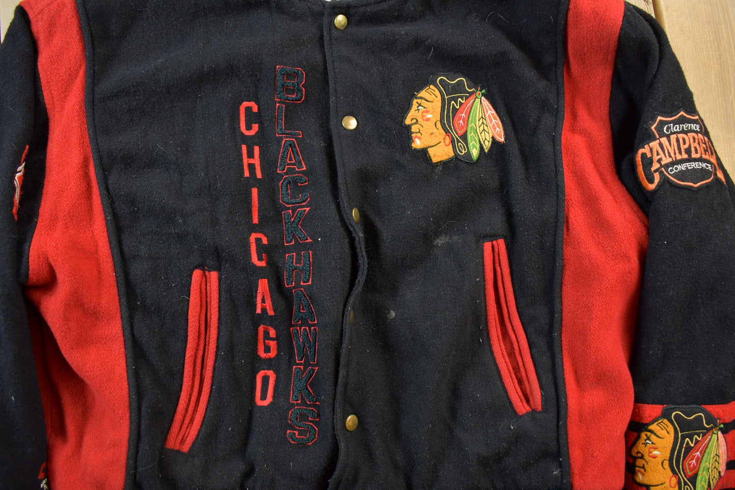 Vintage 1990s NHL Chicago Black Hawks Wool Varsity Jacket Men's Large from propervintagecanada