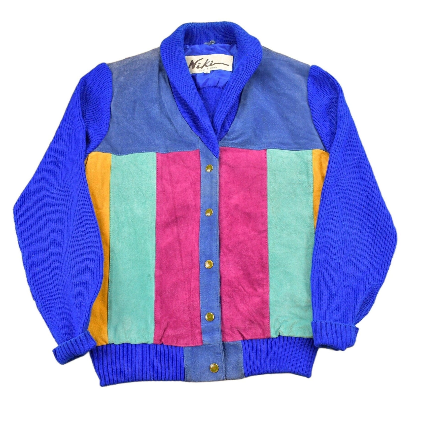 Vintage 1990s NIKI Leather Color Block Cardigan Sweater Men's Large from propervintagecanada