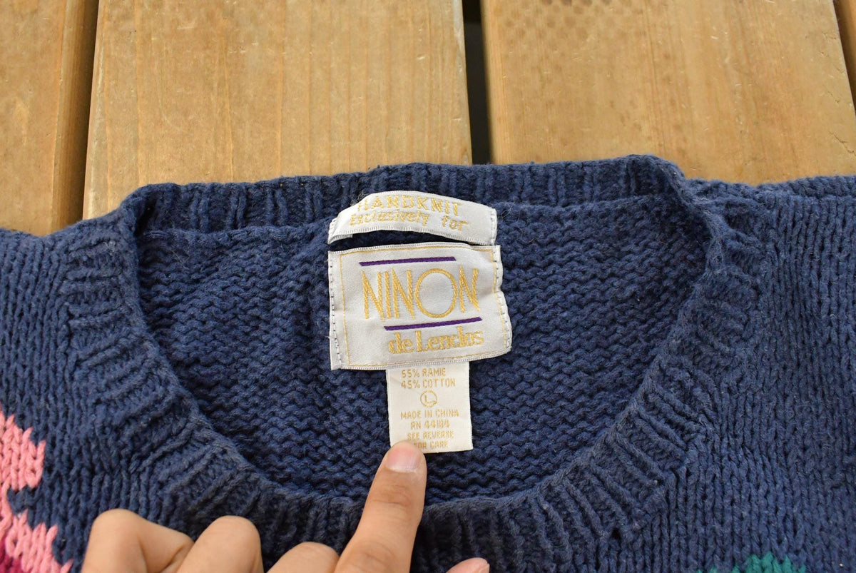 Vintage 1990s Ninon Floral Knit Crewneck Sweater Women's L from propervintagecanada