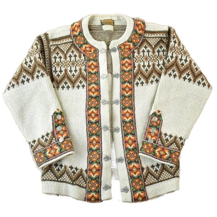 Vintage 1990s North Cape 100% Wool Knit Abstract Pattern Button Clasp Crewneck Sweater Women's S from propervintagecanada