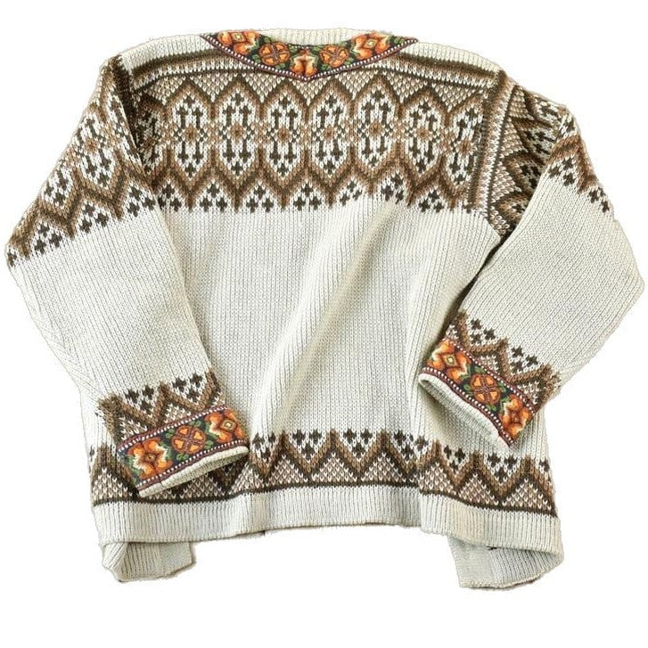 Vintage 1990s North Cape 100% Wool Knit Abstract Pattern Button Clasp Crewneck Sweater Women's S from propervintagecanada