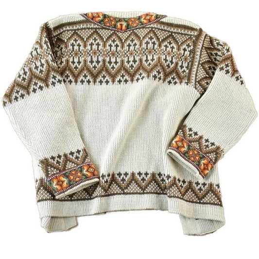 Vintage 1990s North Cape 100% Wool Knit Abstract Pattern Button Clasp Crewneck Sweater Women's S from propervintagecanada