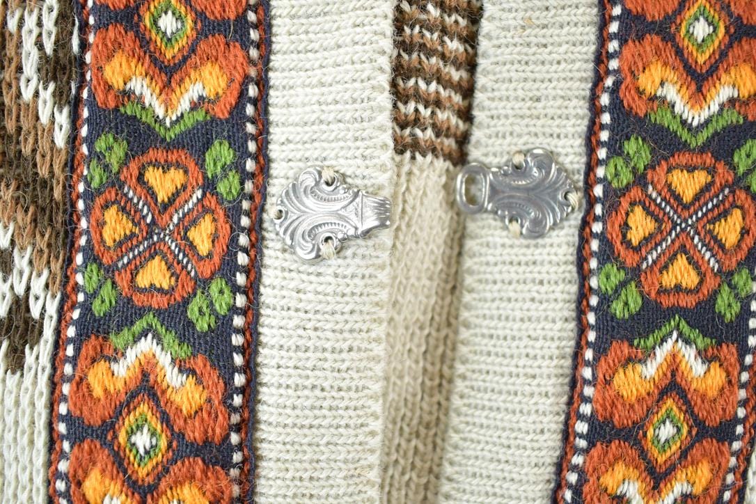 Vintage 1990s North Cape 100% Wool Knit Abstract Pattern Button Clasp Crewneck Sweater Women's S from propervintagecanada