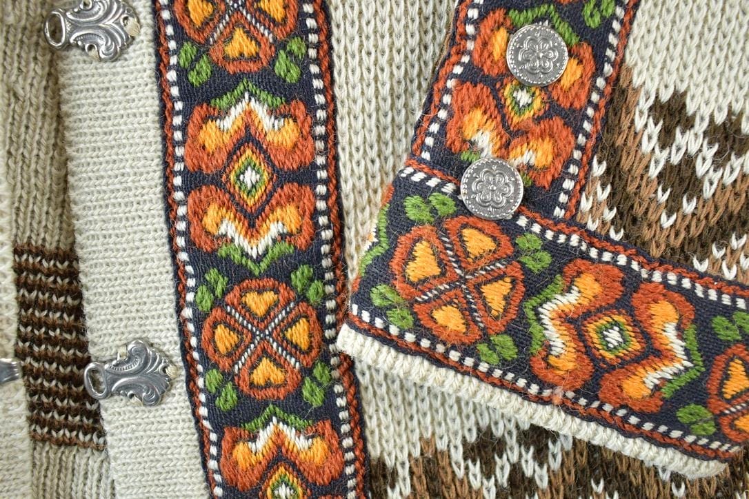 Vintage 1990s North Cape 100% Wool Knit Abstract Pattern Button Clasp Crewneck Sweater Women's S from propervintagecanada