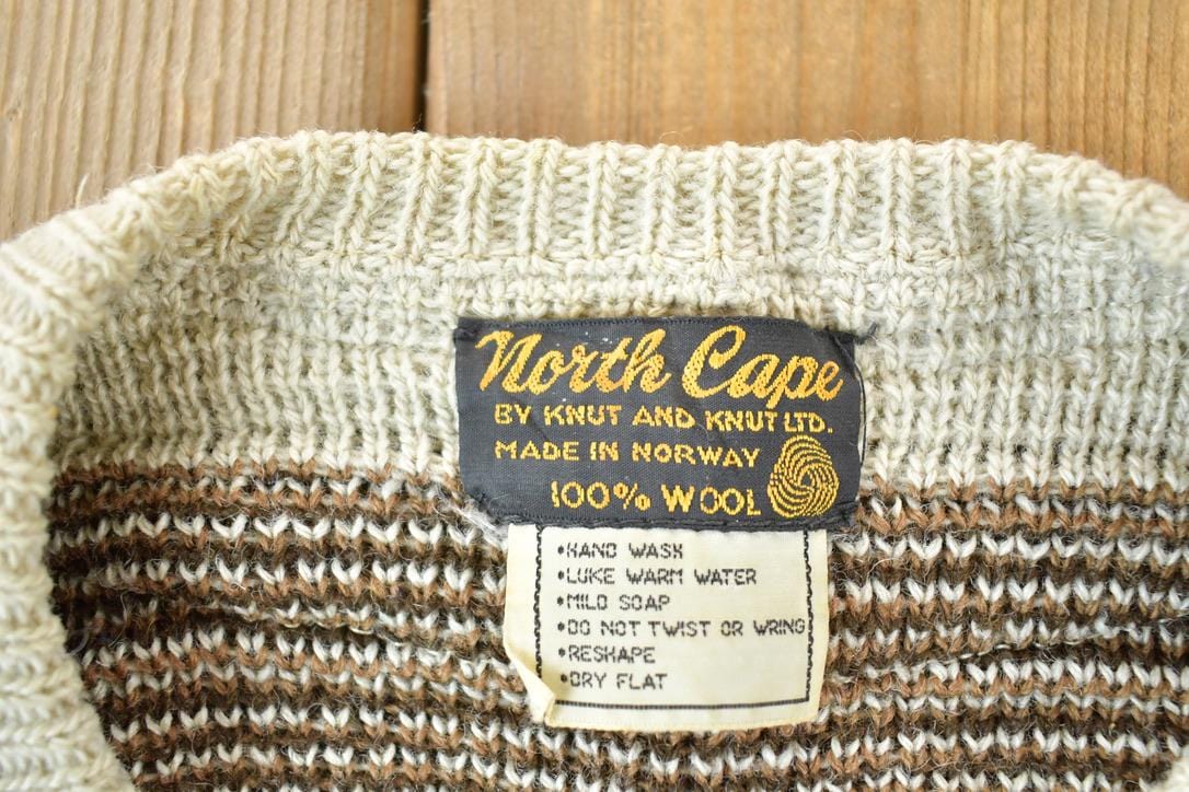 Vintage 1990s North Cape 100% Wool Knit Abstract Pattern Button Clasp Crewneck Sweater Women's S from propervintagecanada