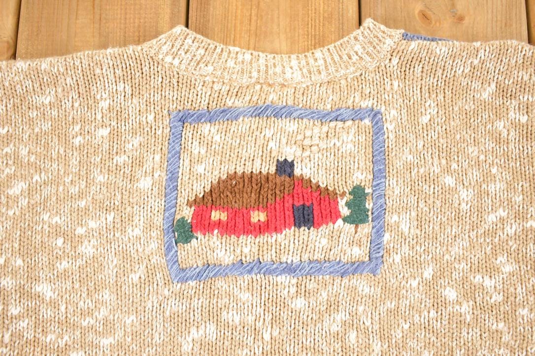 Vintage 1990s Northcrest AOP Farm Knit Cardigan Sweater Women's M from propervintagecanada