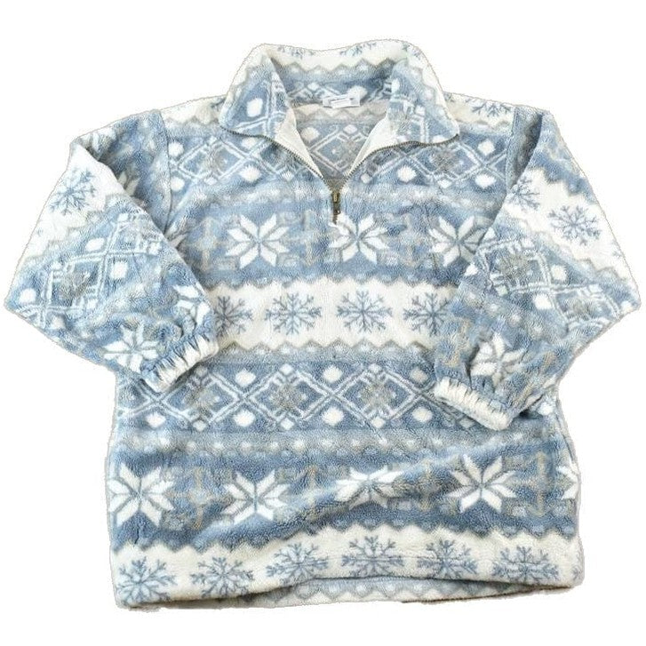 Vintage 1990s Northern Getaway Fleece AOP Outdoorsman Snowflake Sweater Men's Small from propervintagecanada