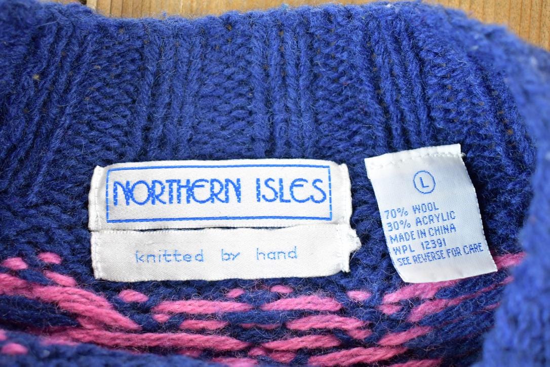 Vintage 1990s Northern Isles Christmas Tree 100% Wool Knitted By Hand Crewneck Sweater Men's Large from propervintagecanada