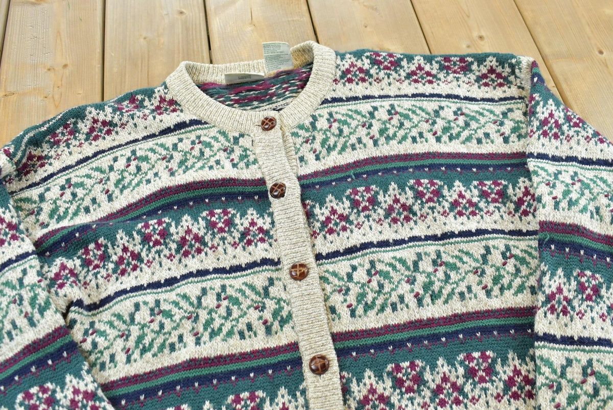 Vintage 1990s Northern Reflections Abstract Cotton Knit Cardigan Sweater Women's XL from propervintagecanada