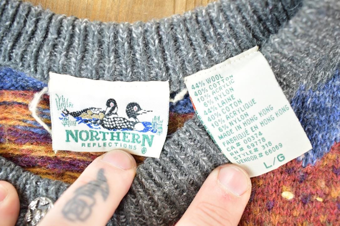 Vintage 1990s Northern Reflections AOP Wool Knit Abstract Pattern Cardigan Sweater Women's L from propervintagecanada