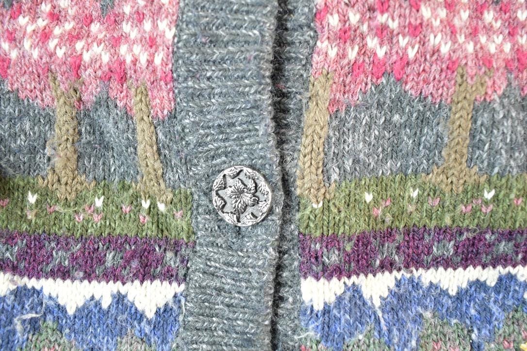 Vintage 1990s Northern Reflections AOP Wool Knit Abstract Pattern Cardigan Sweater Women's L from propervintagecanada