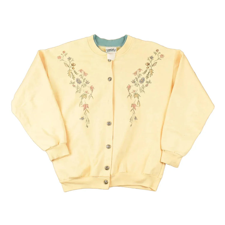 Vintage 1990s Northern Reflections Floral Graphic Print Button Up Double Collar Crewneck Sweatshirt Womens L from propervintagecanada
