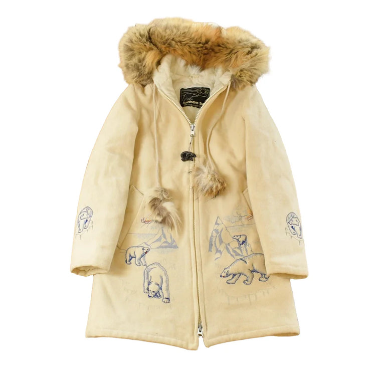 Vintage 1990s Northern Sun Fur Hood Polar Bear Art Wool Jacket Women's M from propervintagecanada