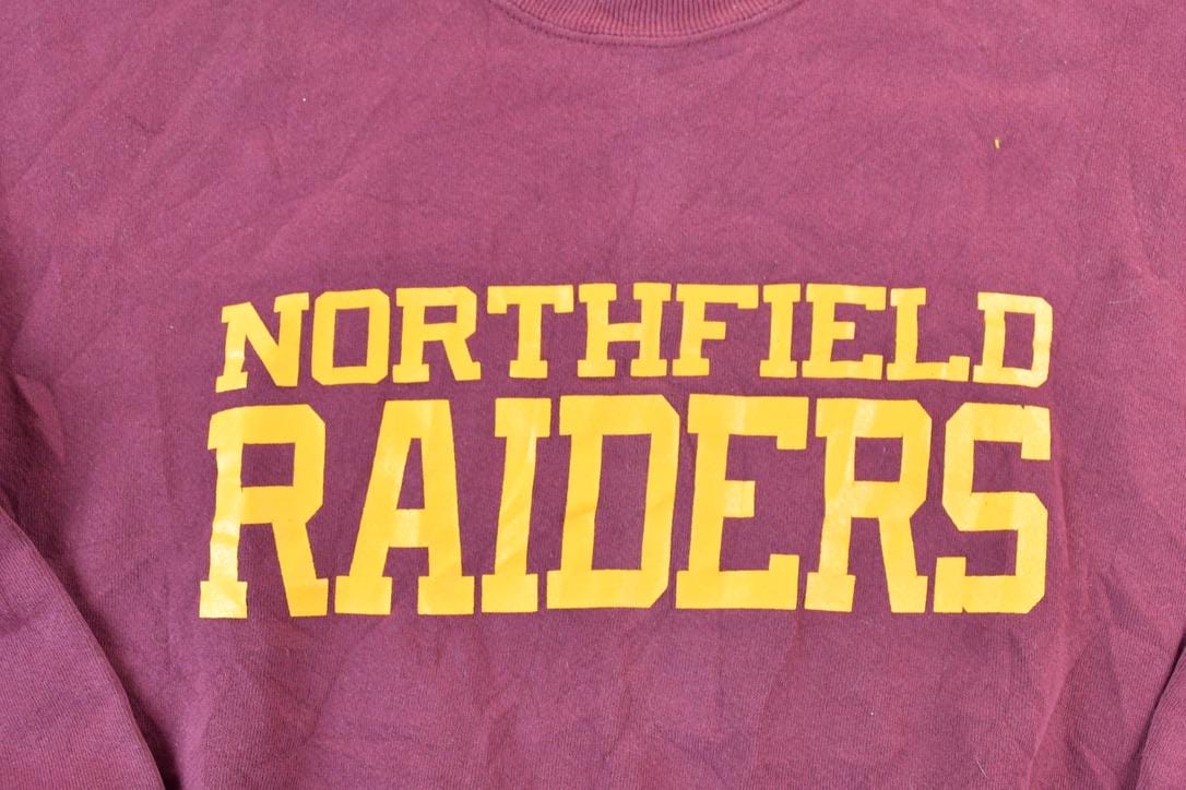 Vintage 1990s Northfield Raiders University Collegiate Heavyweight Crewneck Sweater Men's XL from propervintagecanada