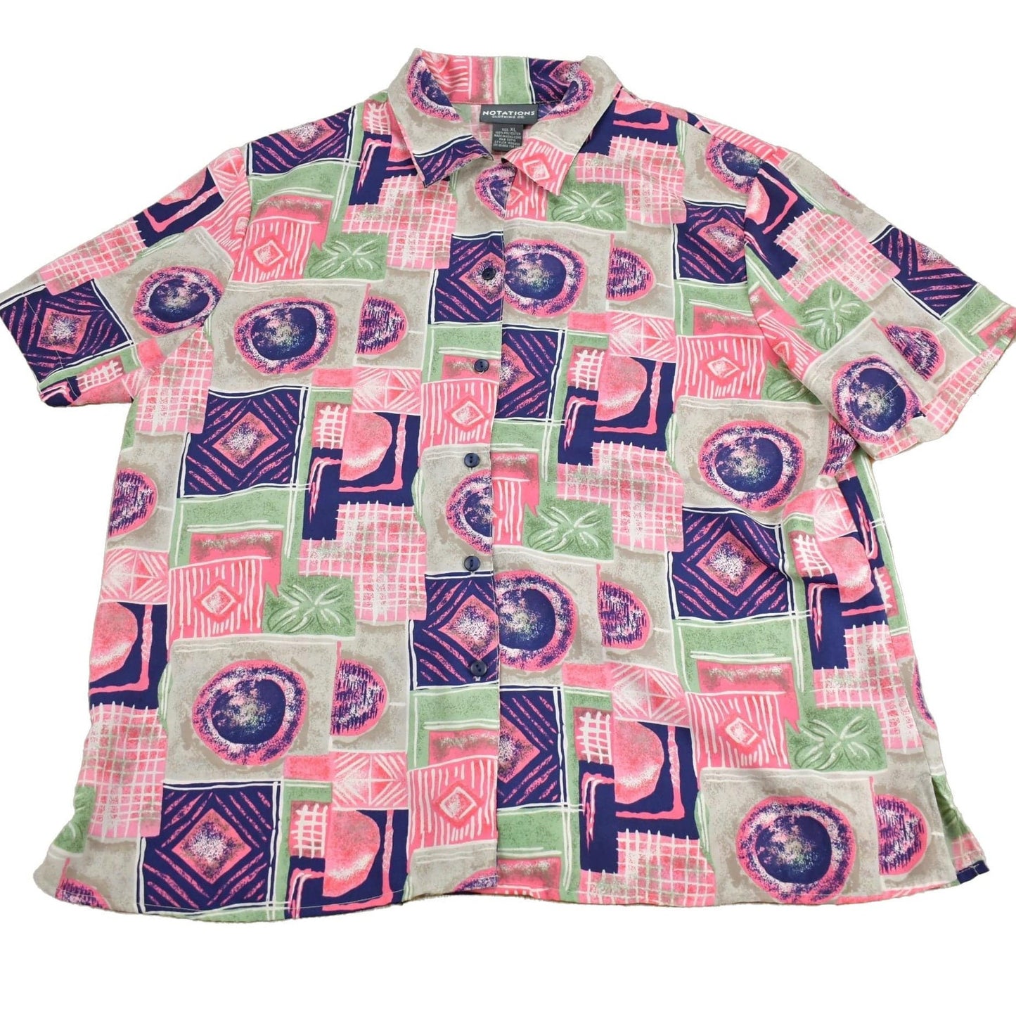 Vintage 1990s Notations Patchwork Button Up Short Sleeve Shirt Men's XL from propervintagecanada