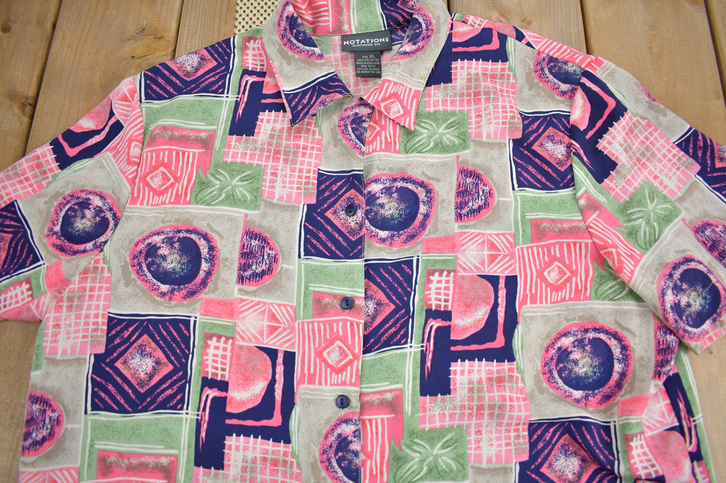 Vintage 1990s Notations Patchwork Button Up Short Sleeve Shirt Men's XL from propervintagecanada