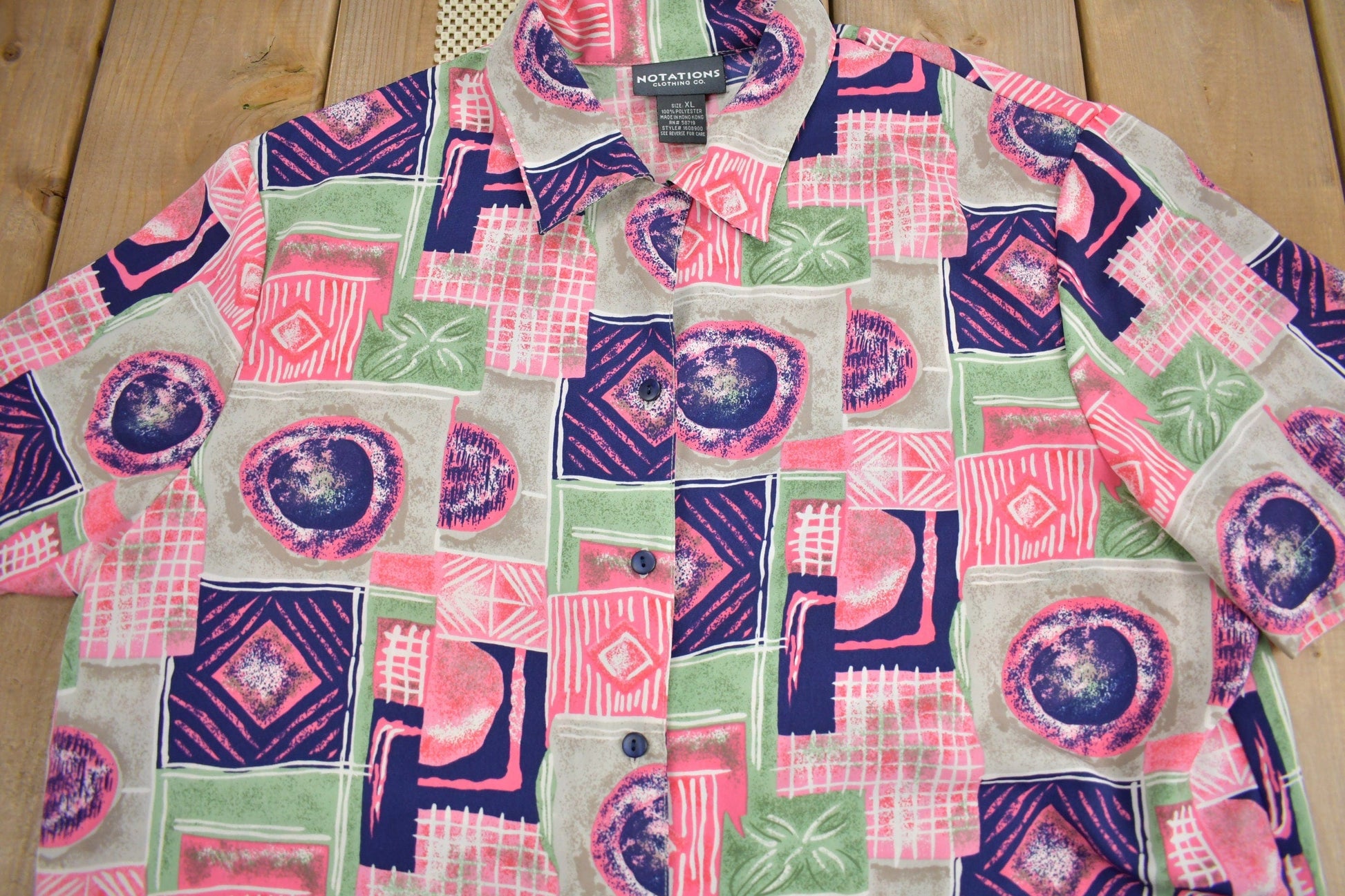 Vintage 1990s Notations Patchwork Button Up Short Sleeve Shirt Men's XL from propervintagecanada